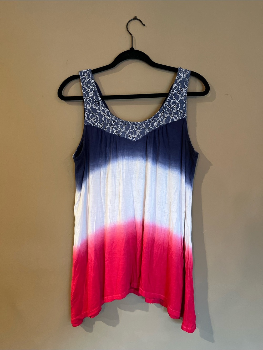 ONE WORLD Navy, White & Pink Ombre Lace-Trim Tank